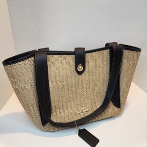 Coach Hadley Turnlock Tote In Straw And Black Leather